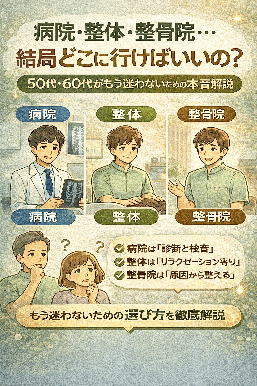 病院・整体・整骨院… 結局どこに行けばいいの？ 50代・60代がもう迷わないための本音の話