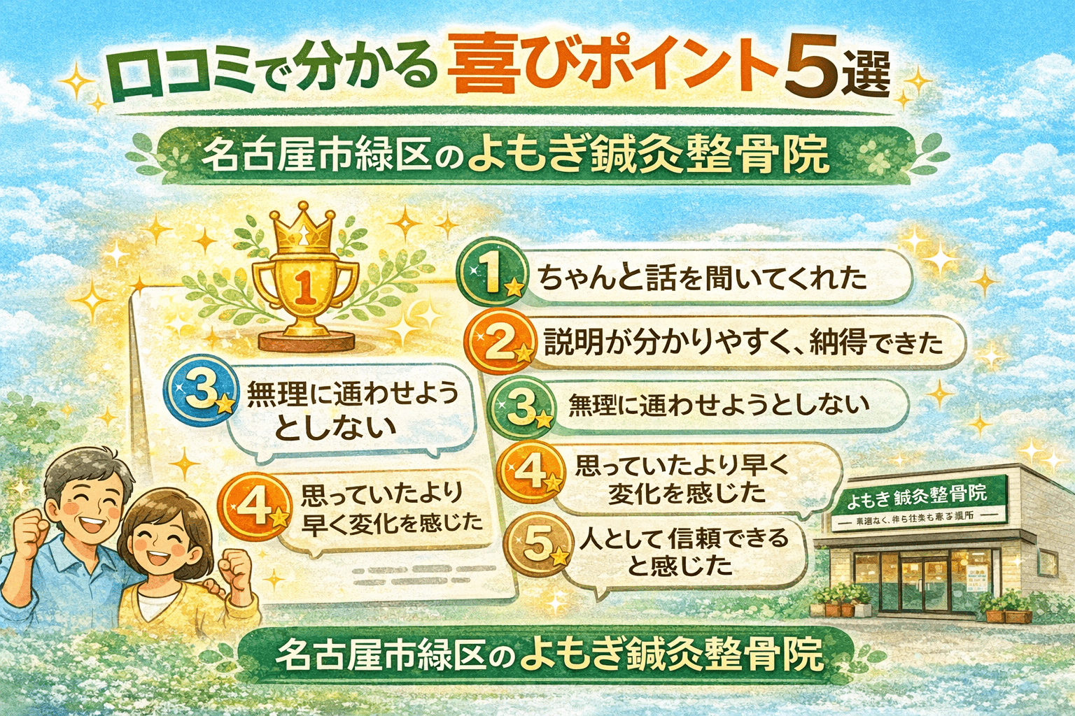 口コミで一番多い「喜びの声」ベスト5 よもぎ鍼灸整骨院が選ばれ続ける理由