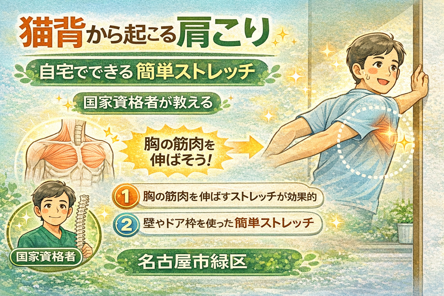 猫背から起こる肩こり｜国家資格者が教える自宅でできる簡単ストレッチ【名古屋市緑区】