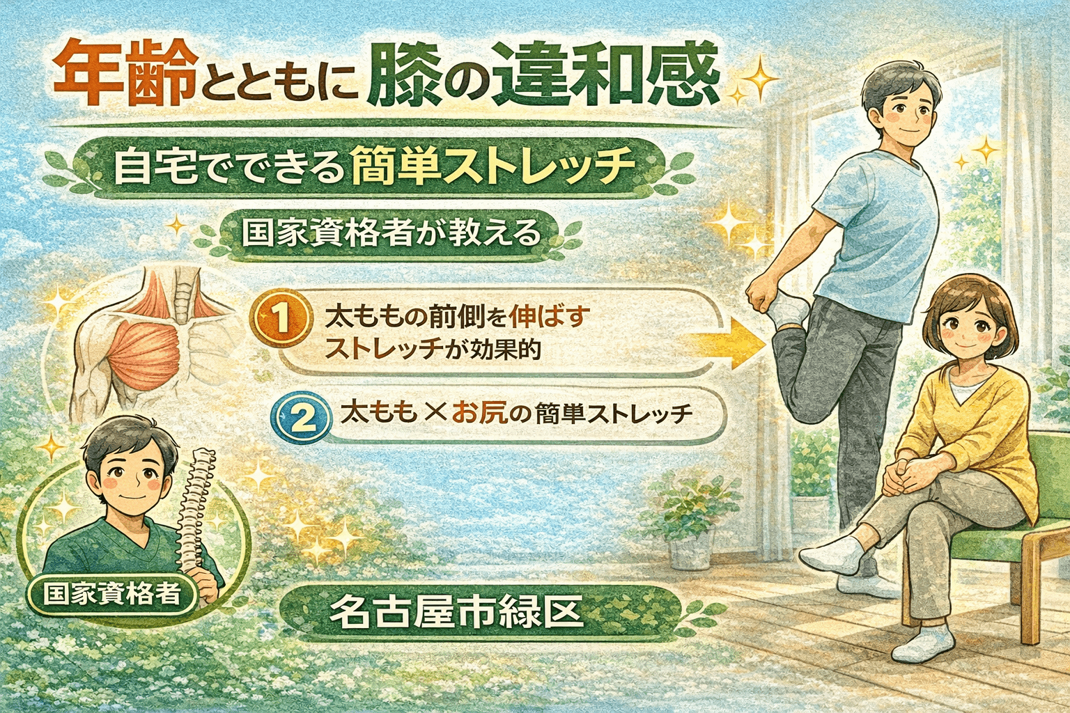 年齢とともに増える膝の違和感|国家資格者が教える自宅でできる簡単ストレッチ【名古屋市緑区】